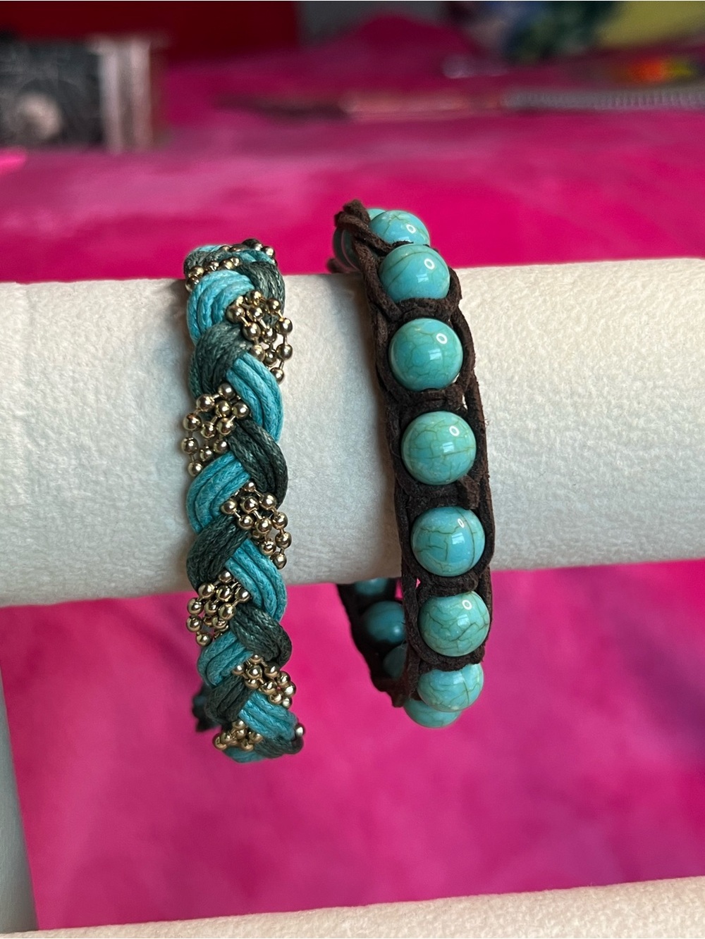 (2) Turquoise, Brown, & Gold Braided and Beaded Bracelets